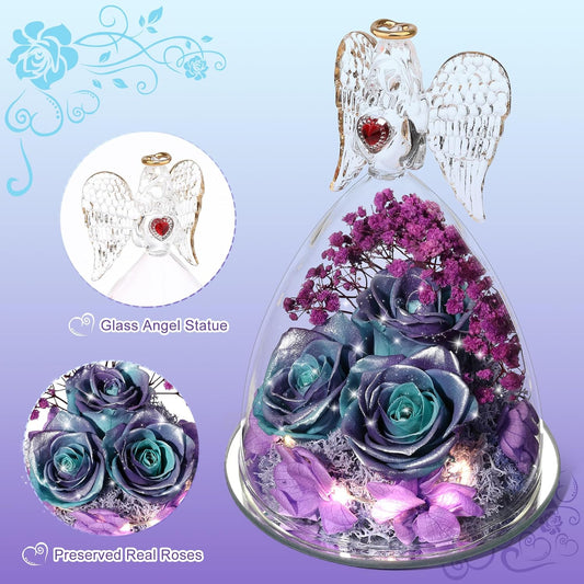Mothers Day Rose Gifts for Women, Large Angel Figurines with Real Roses, Preserved Real Flower Rose for Her, Glittery Blue Purple