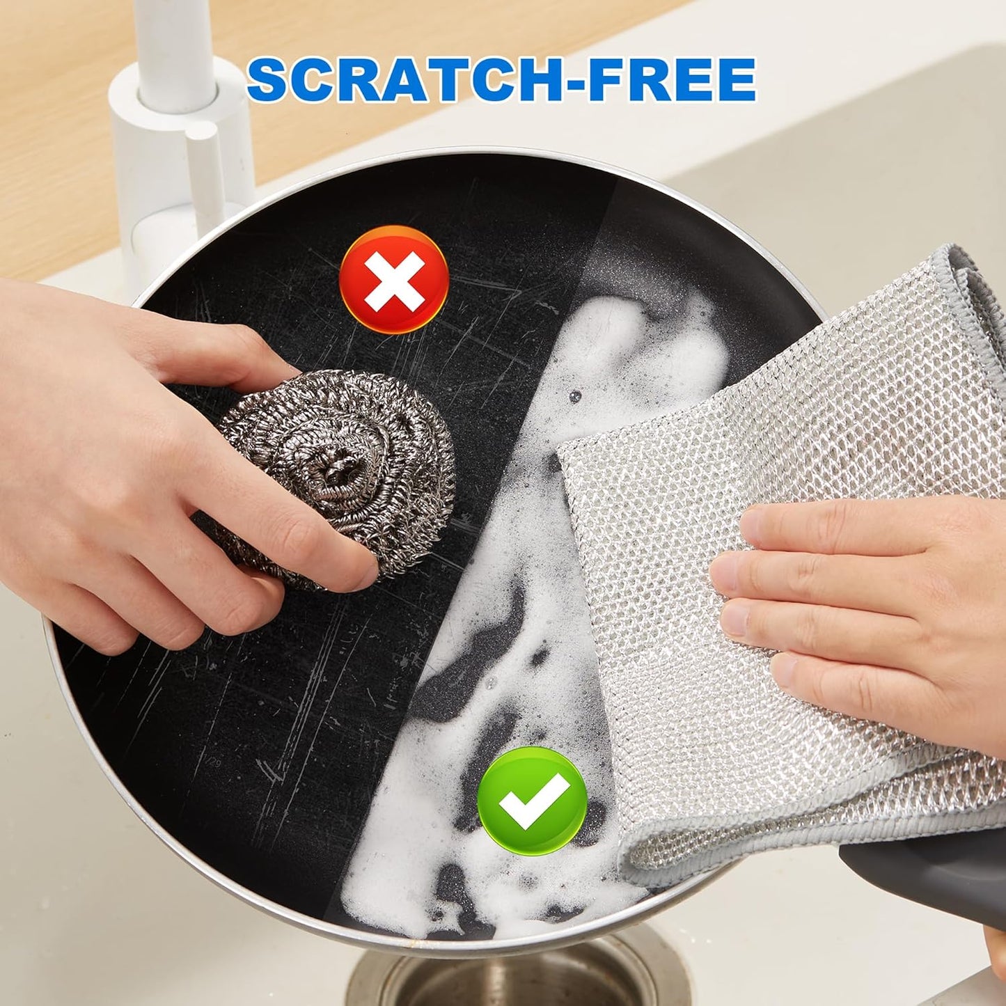 JOYMOOP Multipurpose Non-Scratch Wire Dishwashing Rag for Wet and Dry, Reusable Cleaning Cloths, Scrubbing Pads for Dishes, Glass, Stainless Steel - 5 Pack