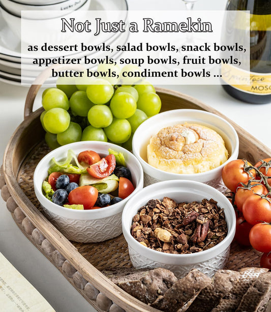 Ceramic Ramekins with Lids Oven Safe Set of 4, Baking Bowls for Dessert, Food Storage Bowls with Airtight Lids, Meal Prep Containers, Lunch Office Meal for Microwave and Freezer, White Ripple