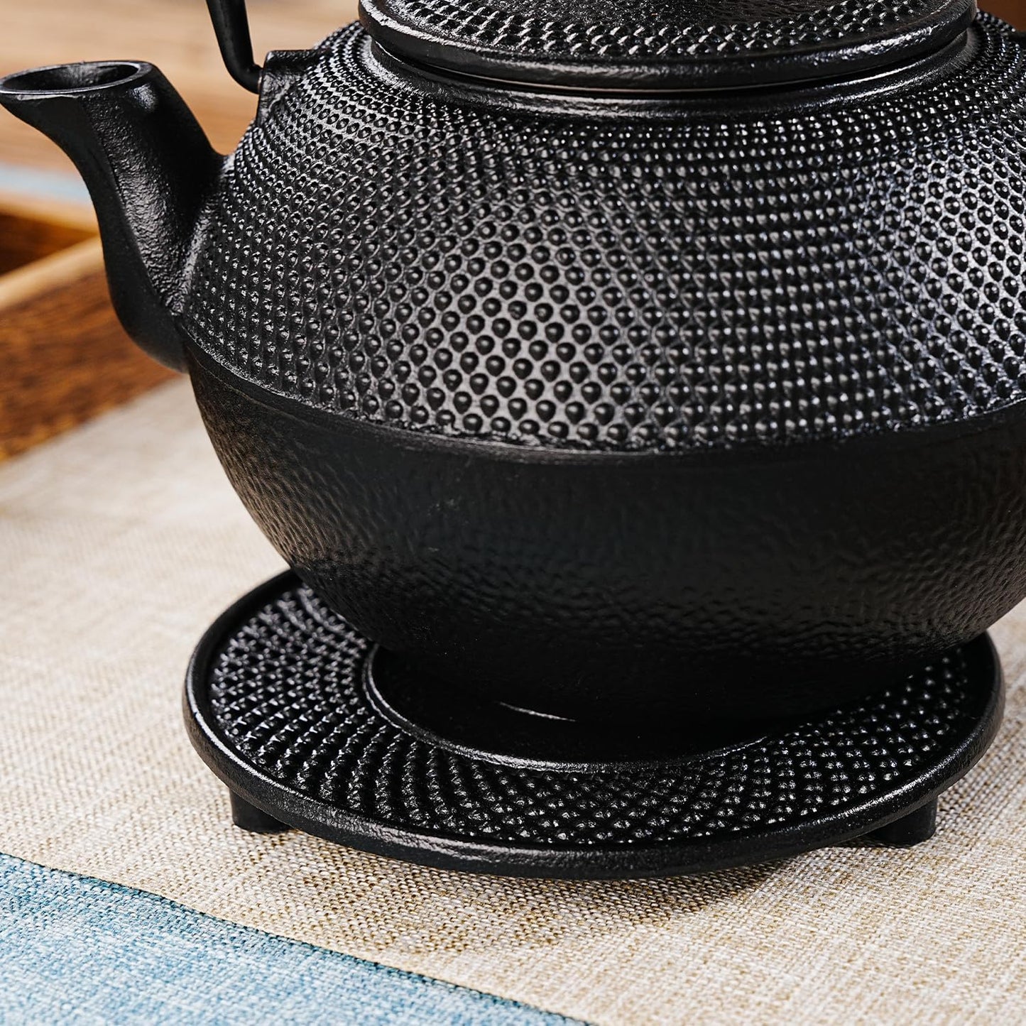 Sungmor Black Cast Iron Teapot Trivet - Heat-Resistant Japanese Tea Pot Stand, Textured Anti-Slip Base for Table and Counter Protection