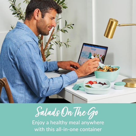 Bentgo Salad Container - 54 oz Bowl with 4-Compartment Toppings Tray, Leak-Proof Dressing Container, Reusable Fork, BPA-Free Lunch Box for Meal Prep & Food Storage; Removable Bento Tray (Coastal Aqua)