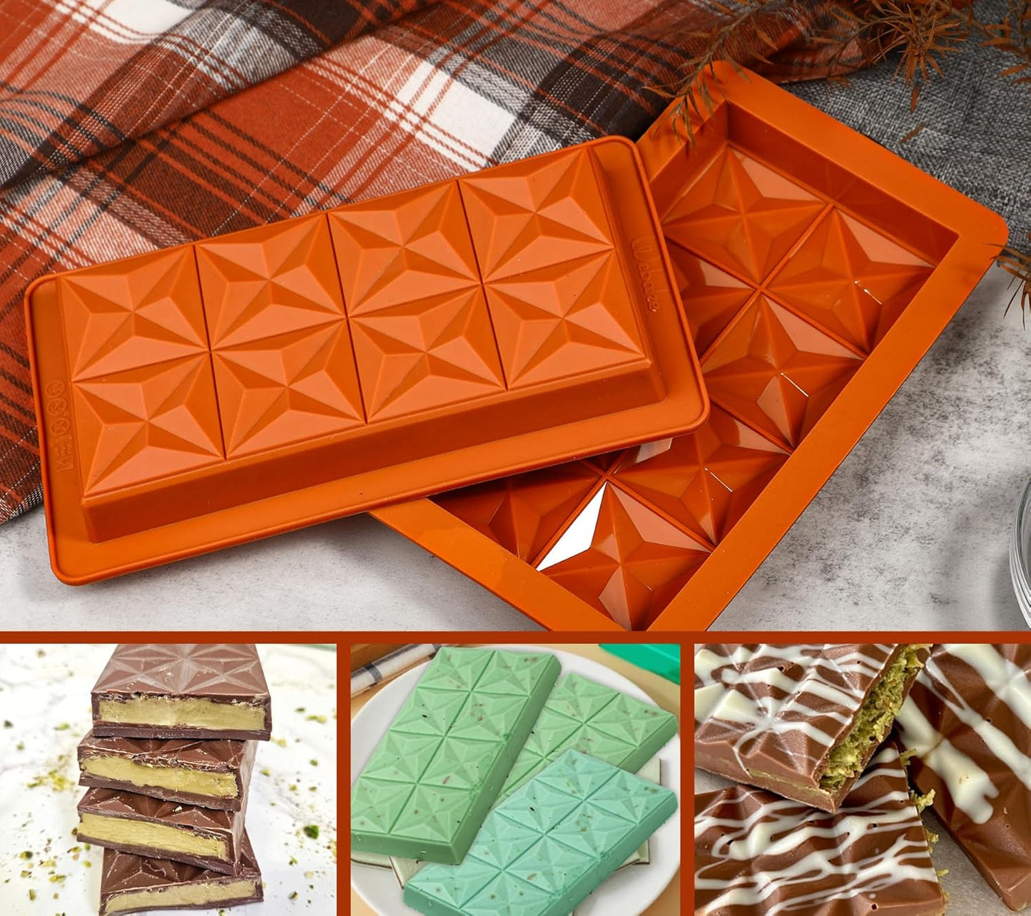 Webake 1 Inch Deep Dubai Chocolate Bar Mold Deep with Diamond Shapes, Silicone Large Stuffed Chocolate Bar Mold Thick, Big Chocolate Candy Bar Mold for Filling Knafeh Pistachio, Pack of 2