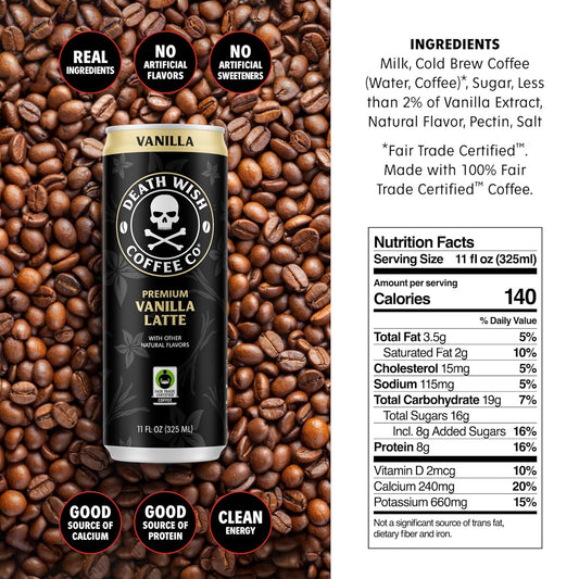 Death Wish Coffee, Iced Coffee Cold Brew, 8g Protein, Fair Trade (Vanilla Latte)