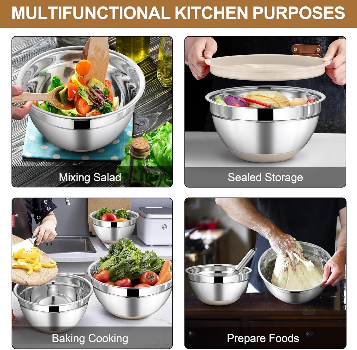LIANYU 6 Piece Mixing Bowls Set with Airtight Lids, Size 7, 3.5, 2.5, 2, 1.5, 1QT, Stainless Steel Nesting Metal Bowls for Kitchen Baking Cooking Serving Food Storage, Non-slip Bottom, Khaki