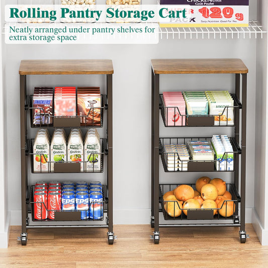 Kitchen Storage Cart with Wheels, 4-Tier Metal Utility Rolling Cart Fruit Vegetable Storage Basket Pantry Rack with Wood Top & Pull Out Baskets for Kitchen, Livingroom, Diningroom, Office