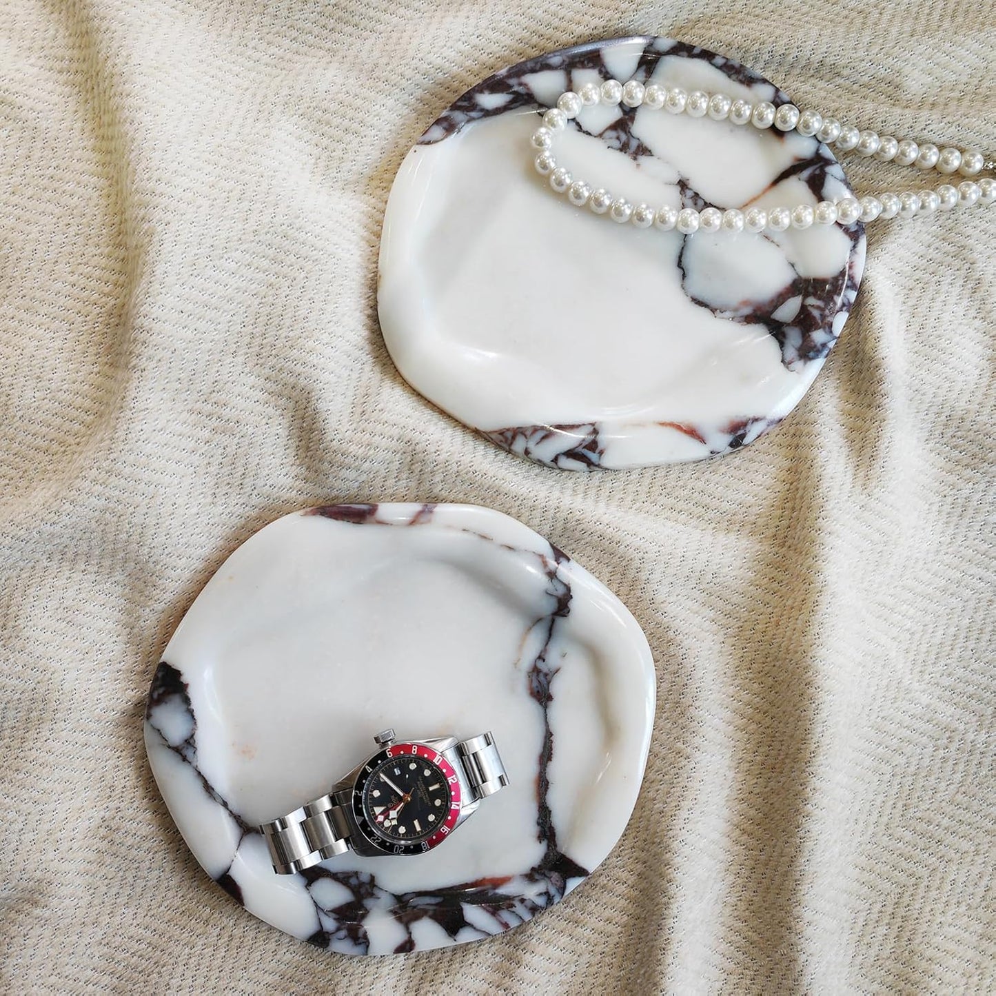 Marble Tray for Jewelry, Food and Daily Items, Irregular Stone Sculpture, Suitable for Home Decor Storage Tray Vanity/Dresser Non-Resin/Non-Ceramic (yuanduo-baoge)