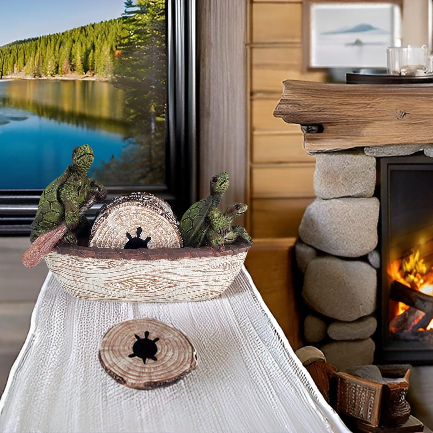 Turtle Coasters Set of 5 Rustic Coasters in Handmade Canoe Turtle Log Cabin Decor for The Home Drink Round Table Coffee Mug Wine Beer Bar Decorative Green