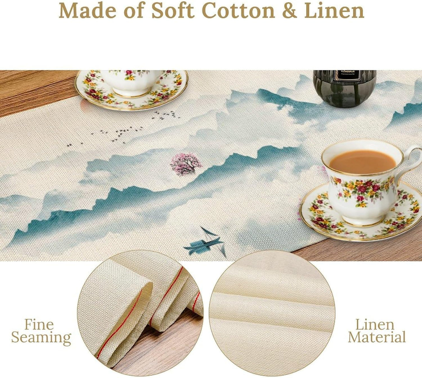 Asian Landscape Table Runner, Cherry Tree Chinoiserie Vintage Ink Wash Pink Blue Setting Sun Table Runner for Kitchen Home Party Dining Table Decor 13x120 Inch