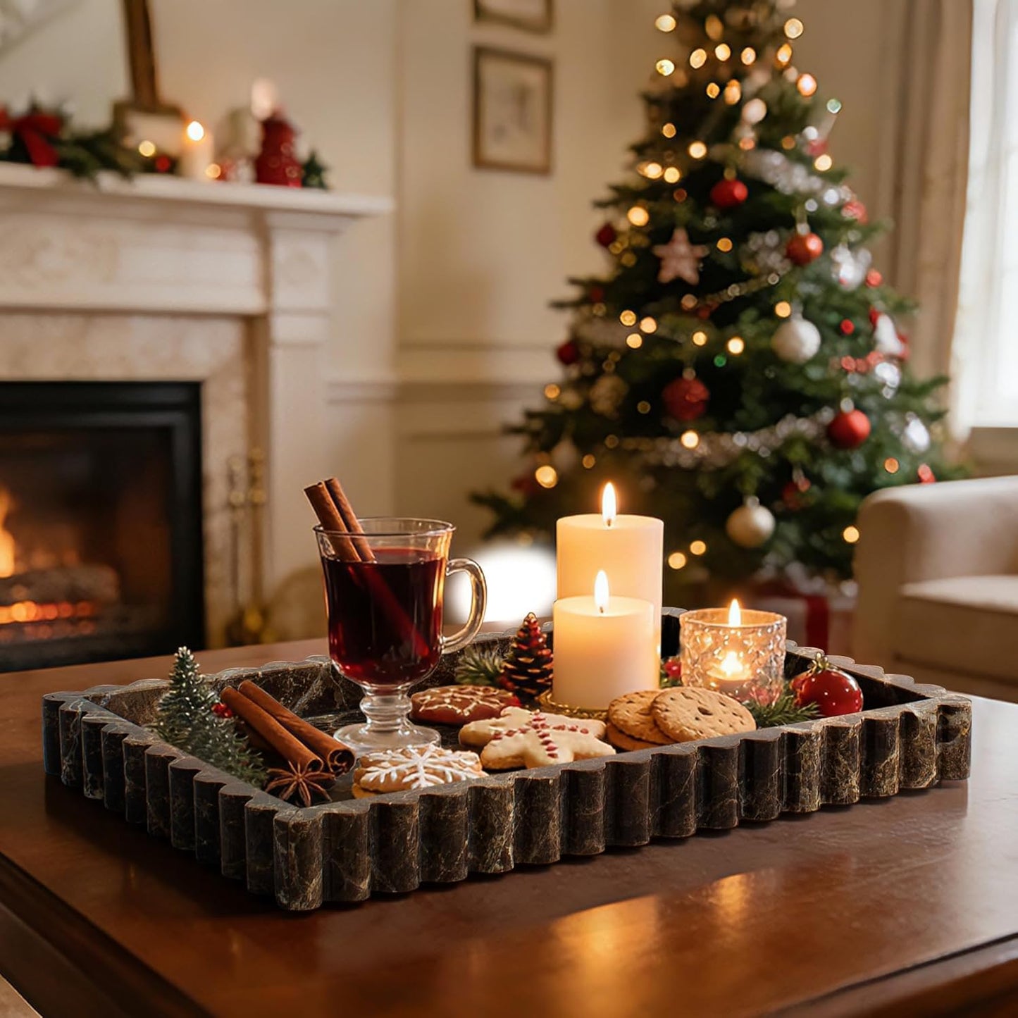 Natural Marble Tray for Bathroom, Real Stone Decorative Vanity Tray with Fluted Edge, Large Marble Serving Storage Tray for Kitchen Counter, Dresser, Home Decor, 11.8" x 8", Dark Brown