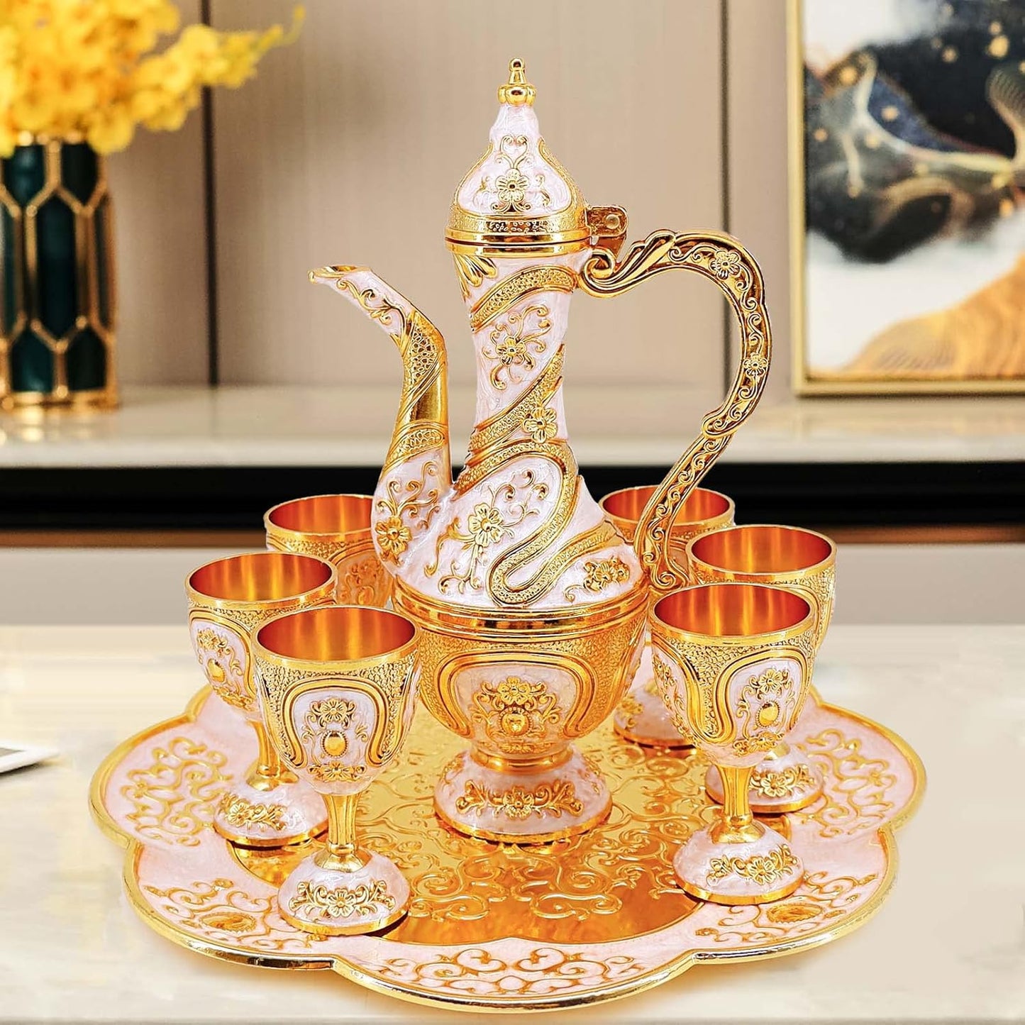 Vintage Turkish Coffee Pot and Cups Set,Tea Service Set Including Teapot,Tea Tray and Metal Cups for Wine Cabinet Decor,Wedding Ornaments (Gold and White)