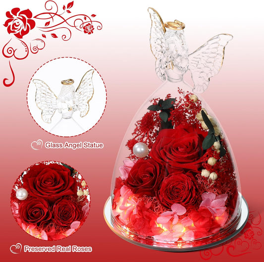 Christmas Rose Gifts for Women Preserved Real Flower in Glass Angel Figurines Roses for Delivery Prime Birthday Gifts for Mom Grandma Girlfriend Wife Her, Red Austin Roses