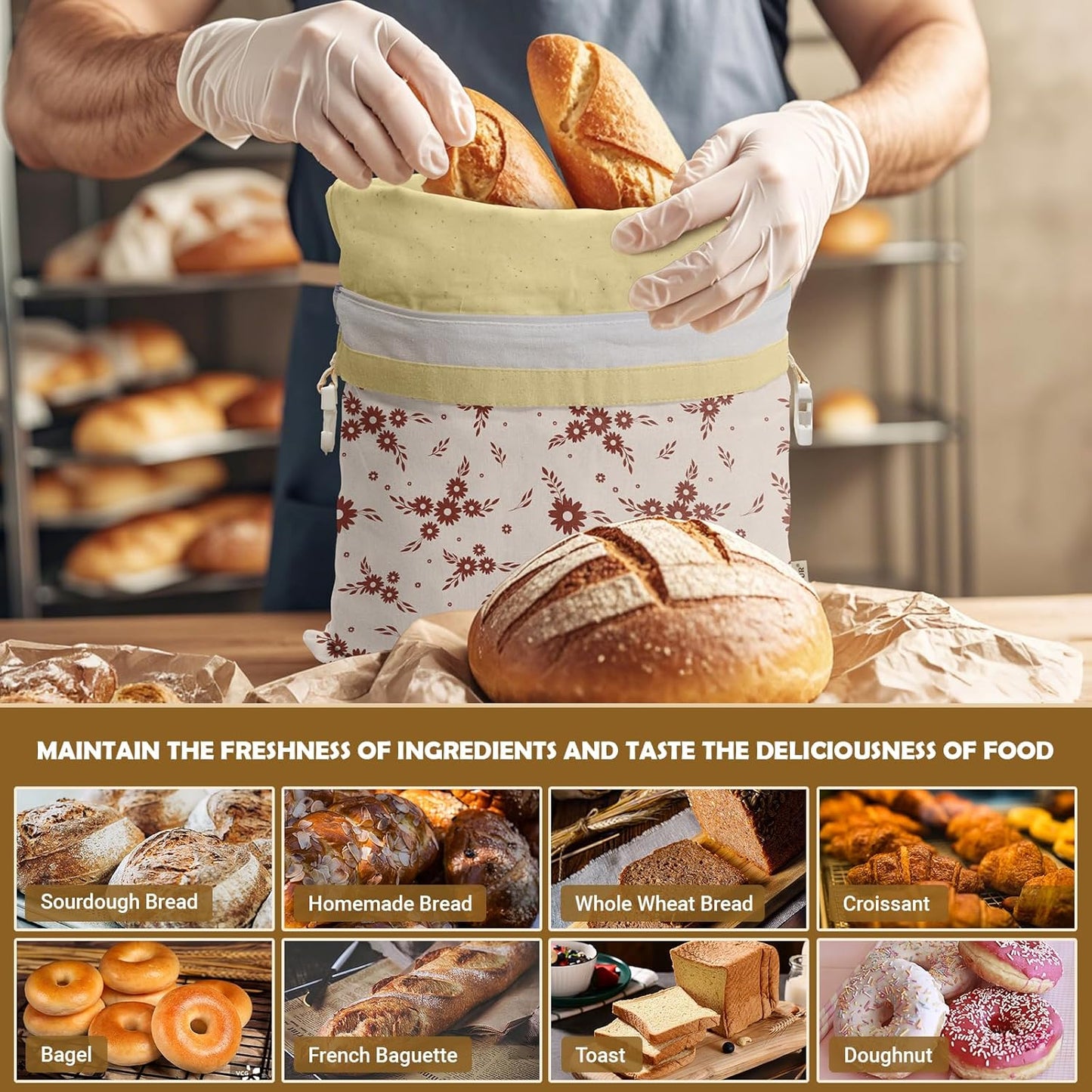 Large Linen Beeswax Bread Bags(2 Pack) Sourdough Bread Bags Reusable Double-Lock Freezer Baking Container Gift Giving for Homemade,Loaf,Sourdough,Food Storage (Flowers 2)