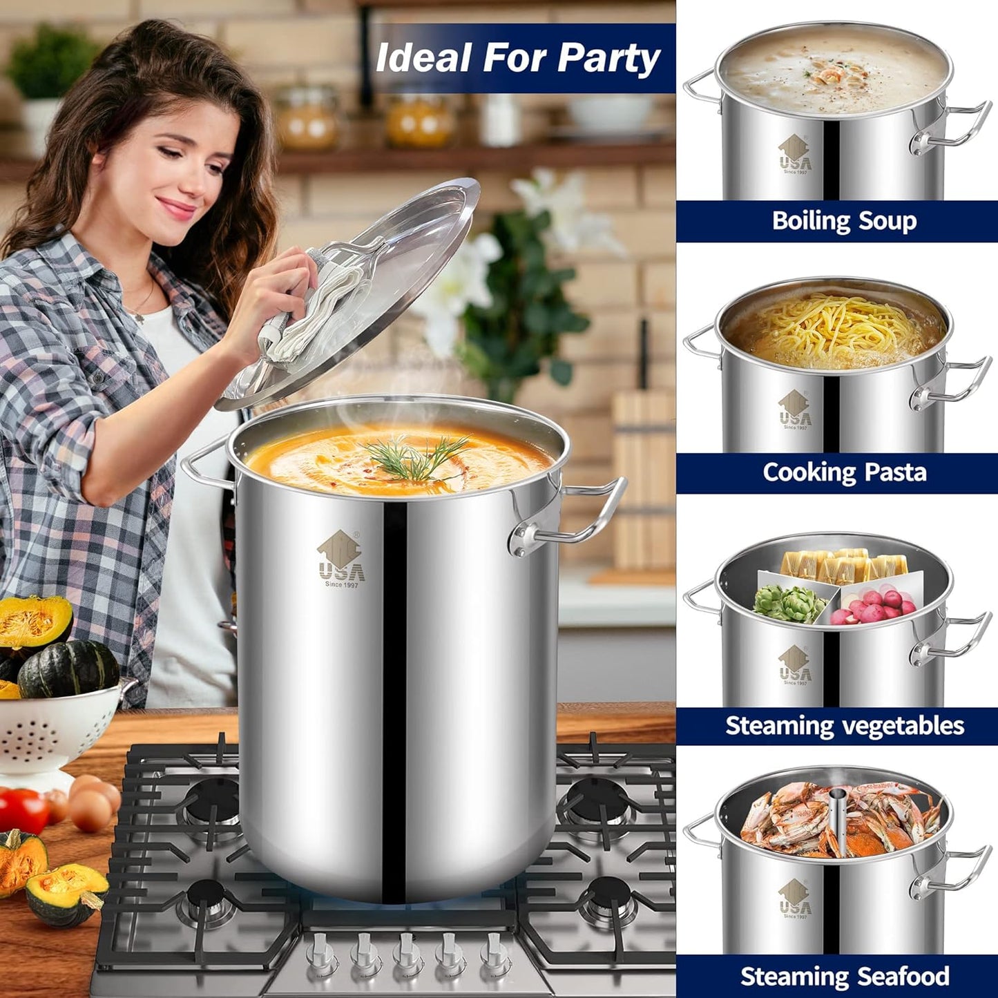 ARC Large Stainless Steel Stockpot with Mixing Paddle for Seafood Boiler Crawfish Pot with Basket and Steam Rack, Stir Paddle for Cooking Crab Lobster Shrimp, and Tamales (32qt+36"paddle, paddle)