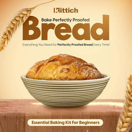 KITTICH Banneton Bread Proofing Basket with Essentials Set, 10 Inch Oval and 9 Inch Round Rattan Baskets with Linen Liners, Perfect for Sourdough Starter Kit - Sourdough Bread Baking Supplies