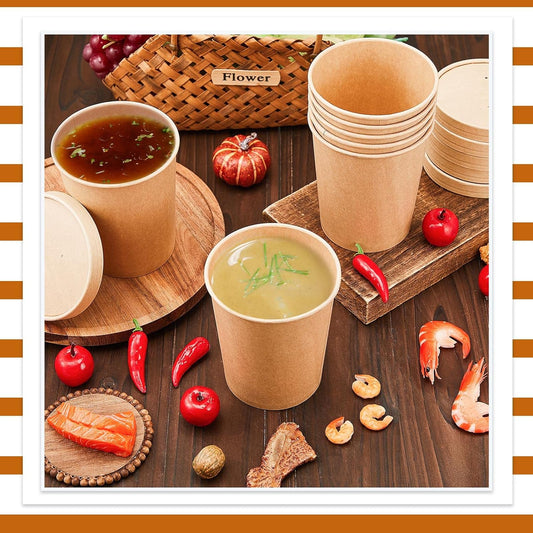 Sabary 50 Pack 32 oz Paper Soup Containers with Lid Disposable Kraft Soup Food Bowl Microwavable Food Storage Ice Cream Containers Nice for Restaurants (Brown)