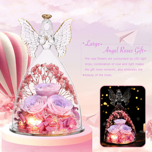 Mothers Day Mom Gifts for Women Preserved Flowers in Glass Angel Forever Flowers Gifts Eternal Roses Gifts for Grandma, PinkpurplePink