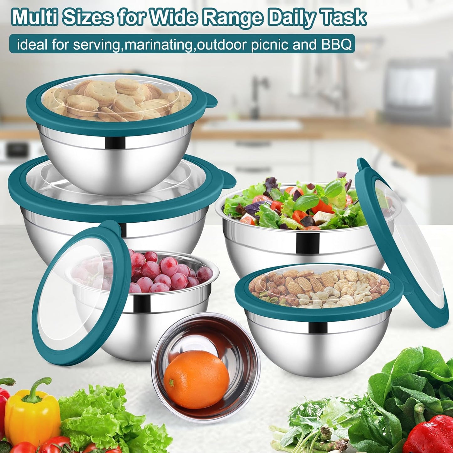 LIANYU 6 Packs Stainless Steel Mixing Bowls, Large 7, 3.5, 2.5, 2, 1.5, 1QT Size, Deep Metal Nesting Bowls Set for Baking Cooking Serving Prepping Food Storage, Include Visible Airtight Lid, Dark Blue