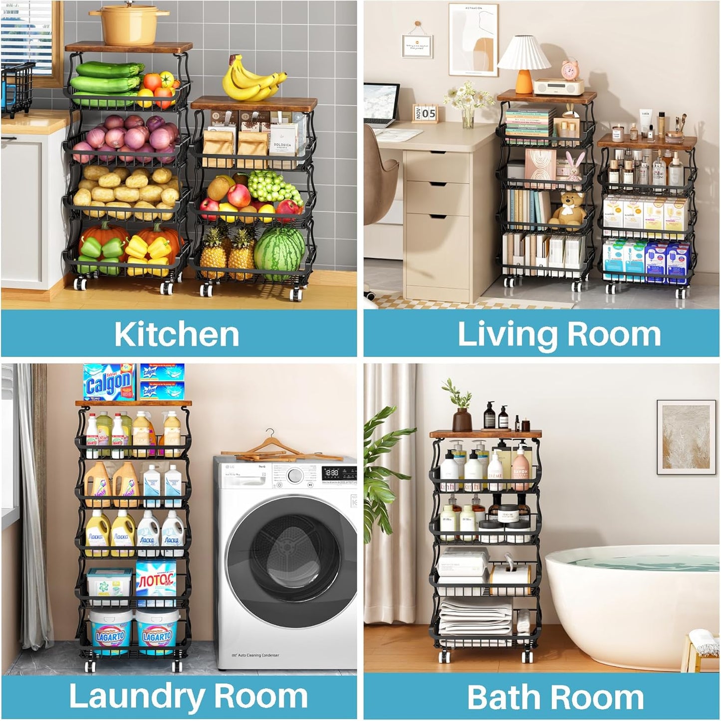 4 Tier Pantry Organizers and Storage Cart with Rolling Wheels, Stackable Metal Pantry Baskets for Pantry Shelves, Kitchen Fruit Basket Stand and Storage Rack for Snack Bottled Water Vegetable Bathroom