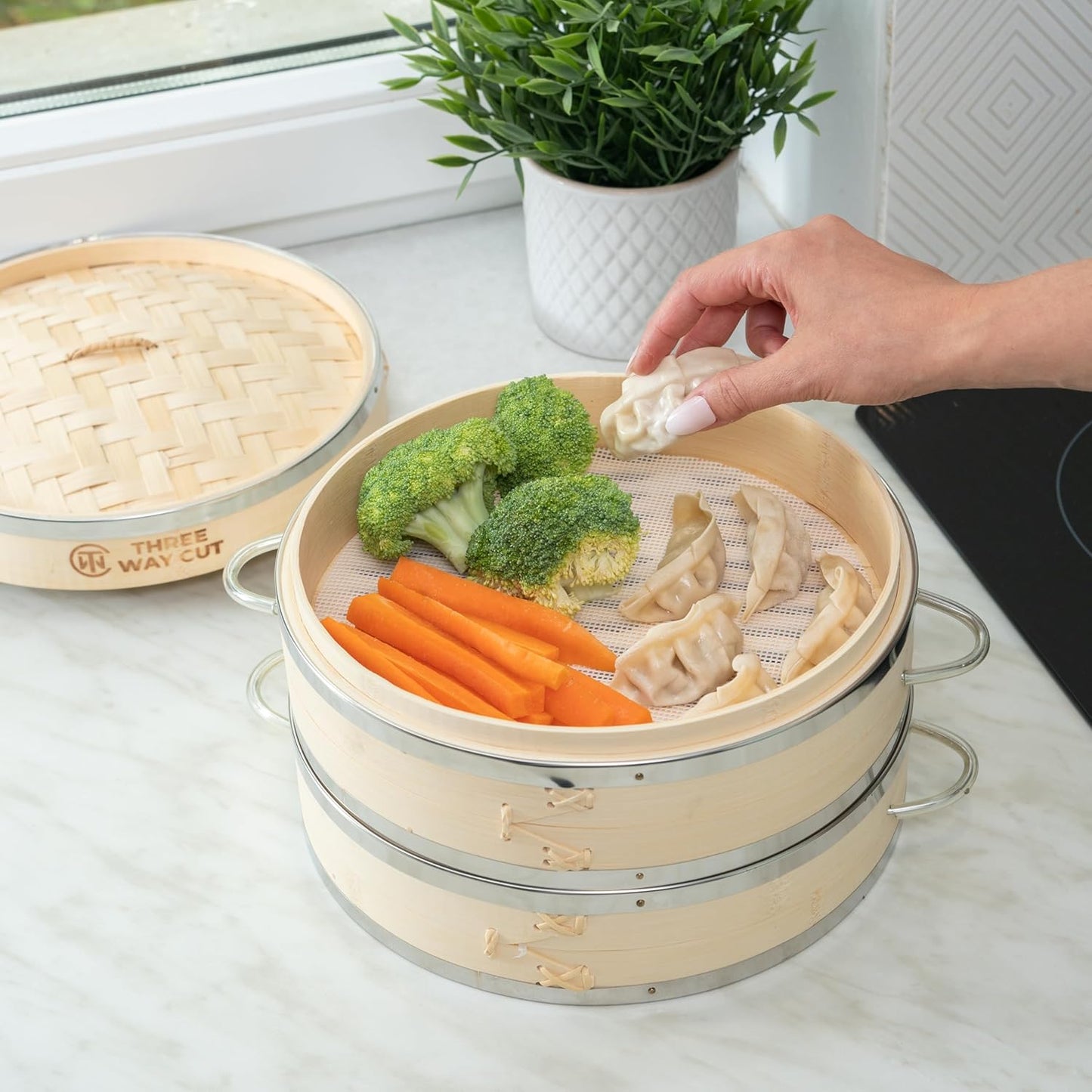 Dumpling Bamboo Steamer 10 Inch 2 Tier Wooden Basket With Handle, Reusable Silicone Liner, Kit For Cooking Baby Bao Bun, Dim Sum, Rice Potsticker Steaming Chinese Asian Food & Vegetables