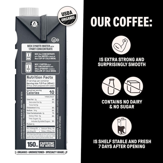 Wandering Bear Organic Unsweetened Extra Strong Cold Brew in a Box - Make Your Own Iced Coffee Drink with Wandering Bear Black Concentrate, Shelf-Stable - 21 Servings - 32 fl.oz