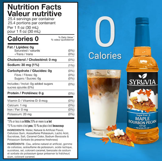 Syruvia Sugar Free Coffee Syrup, Maple Bourbon Pecan Flavored Syrup for Drinks, Lattes, and Desserts – 25.4 fl oz