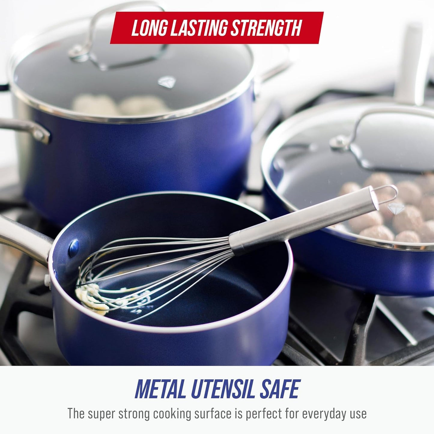 Blue Diamond 10 Piece Nonstick Cookware Set, Diamond Ceramic Pots & Pans, Dishwasher & Metal Utensil Safe, Non Toxic PFAS-Free, Kitchen Cooking Sauce & Saute Pans, Oven & Broiler to 600F, Blue