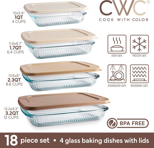 COOK WITH COLOR 8-Piece Deep Glass Baking Dish Set with Plastic Lids – Casserole and Food Storage Containers for Lasagna, Leftovers – Freezer-to-Oven, Microwave & Dishwasher Safe, Brown