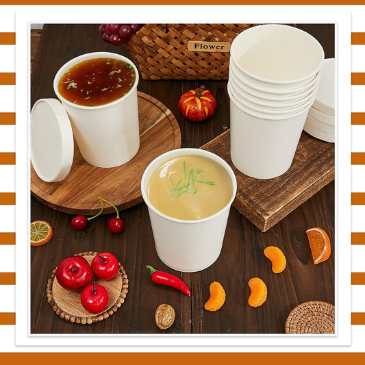 Sabary 50 Pack 32 oz Paper Soup Containers with Lid Disposable Kraft Soup Food Bowl Microwavable Food Storage Ice Cream Containers Nice for Restaurants (White)
