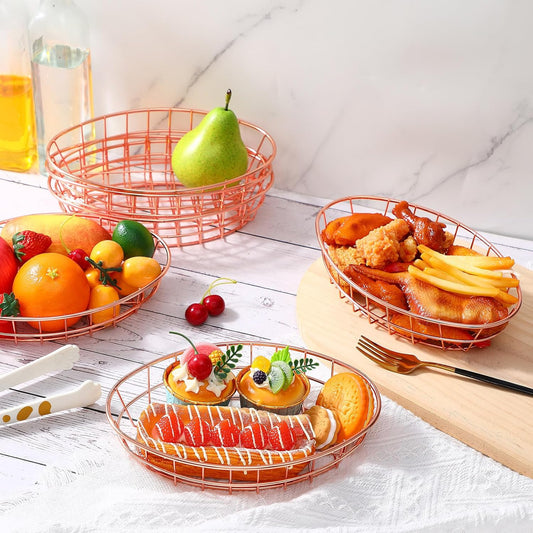 Tioncy 6 Pcs Chrome Oval Metal Wire Baskets 9.5 x 6.2 x 2.2 Inch Bread Serving Decorative Sandwich Container Christmas Party Fast Food Basket for Fruit Burger Kitchen Restaurant(Rose Gold)