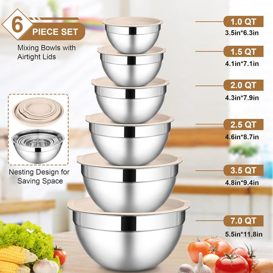 LIANYU 6 Piece Mixing Bowls with Lids Set, Size 7 & 3.5 & 2.5 & 2 & 1.5 & 1QT, Stainless Steel Cooking Serving Bowls, Metal Kitchen Nesting Bowl for Prepping & Food Storage, Dishwasher Safe, Khaki