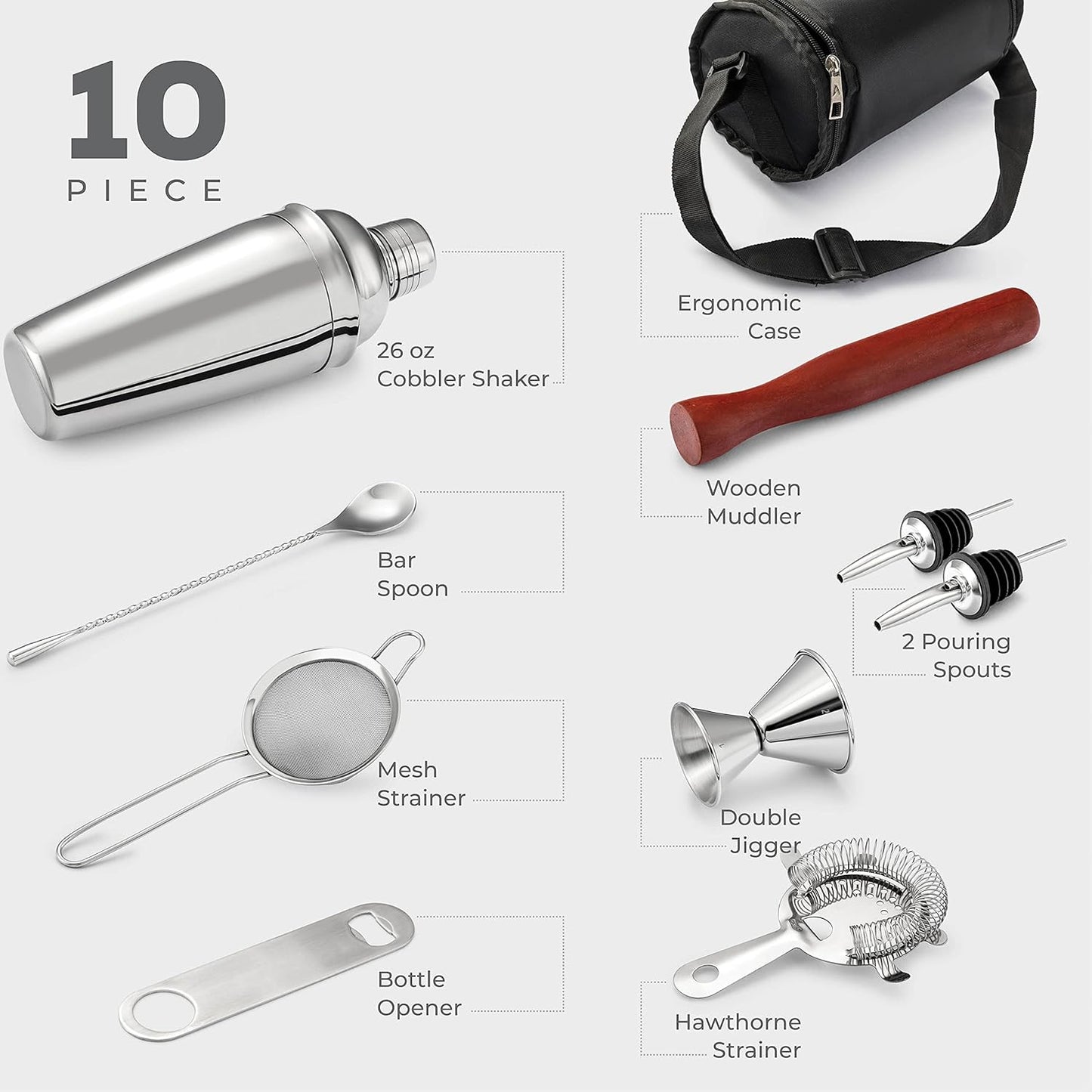 FineDine 10-Piece Cocktail Shaker Set with Travel Bag - Stainless Steel Shaker Set Bartender Kit - Mixology Bartender Kit - Strainer, Muddler, Jigger, Bar Spoon, Bottle Opener, Pour Spouts - Bar Set