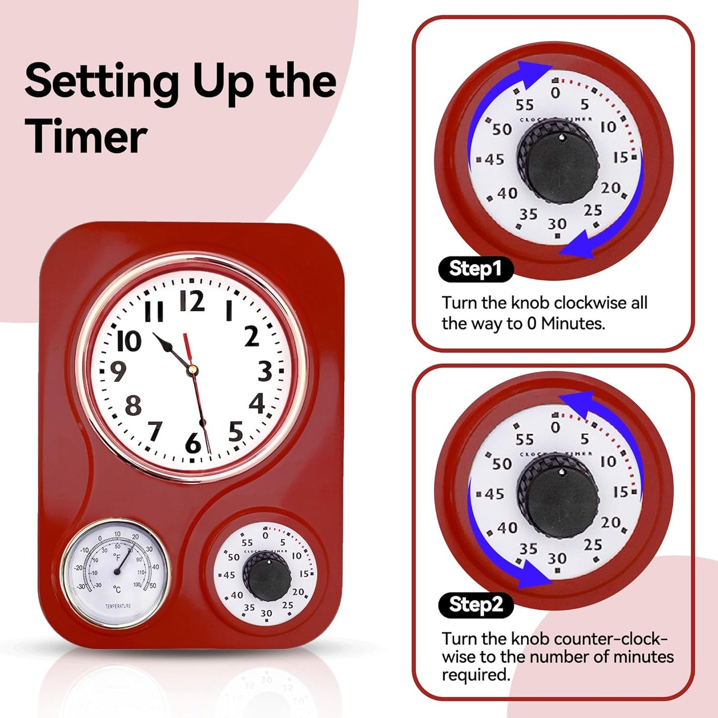 Lily's Home -9.5 Inch x 12.5 Inch -Retro Kitchen Wall Clock, Vintage Wall Clock with a Thermometer and 60-Minute Timer, Ideal for Any Kitchen, Office, or Diner (Retro Red)