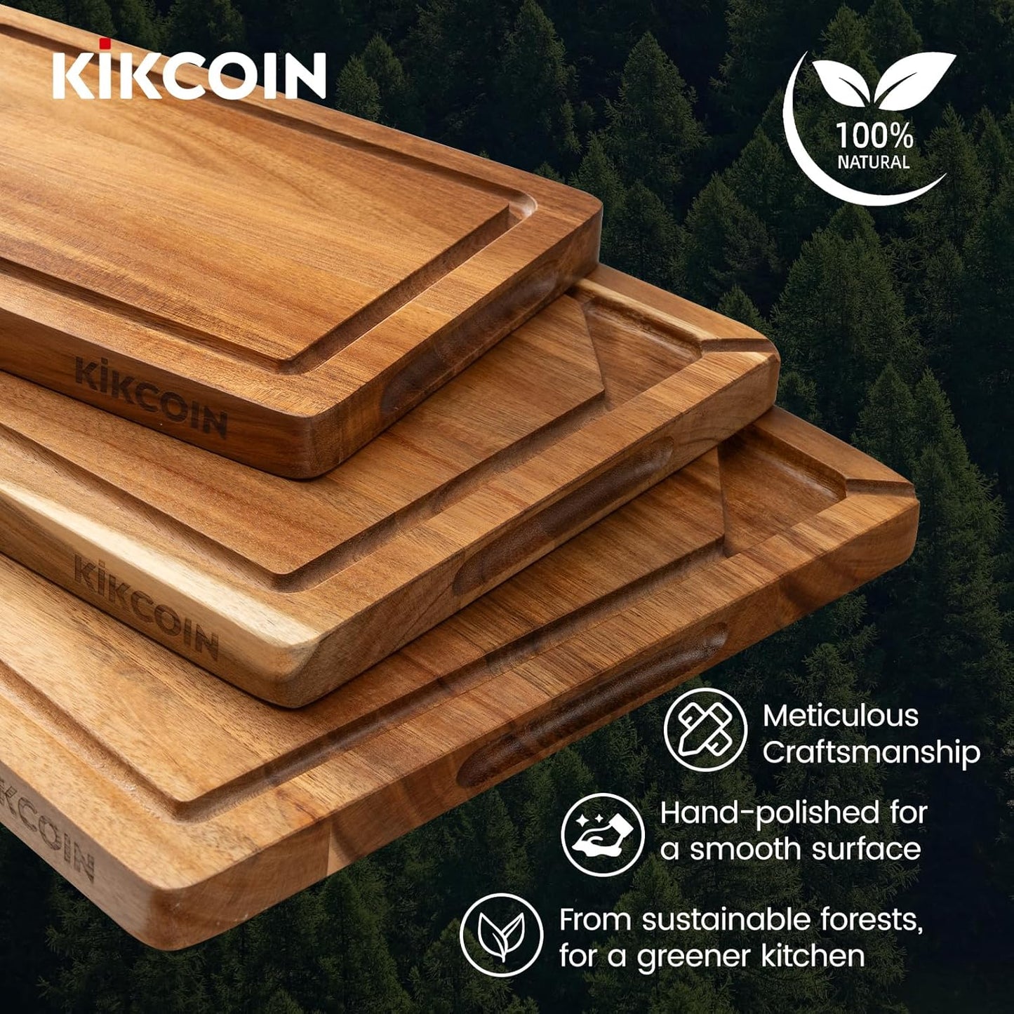 Kikcoin Wood Cutting Boards for Kitchen, 3 PCS Wooden Cutting Board Set with Holder, Chopping Board with Built-In Compartments and Juice Groove, Solid Charcuterie Board Serving Tray Wood Butcher Block