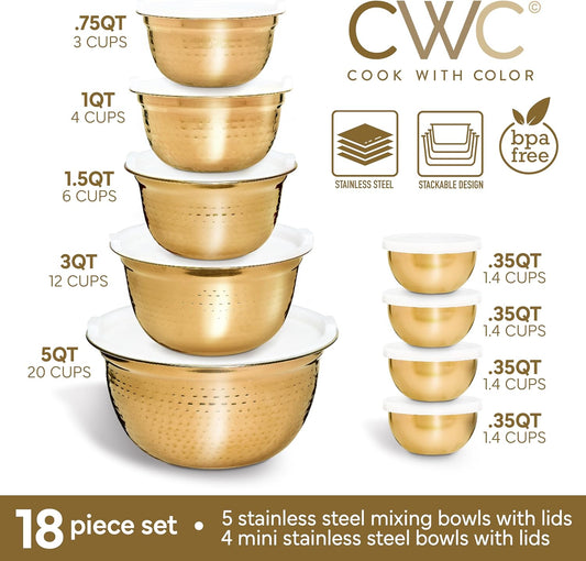 COOK WITH COLOR 18 Piece Mixing Bowls Set with Airtight Lids, Handcrafted Stainless Steel Bowls, Food Storage Containers, Meal Prep, Nesting Salad Bowls For Cooking, Baking, Kitchen, Gold- Hammered