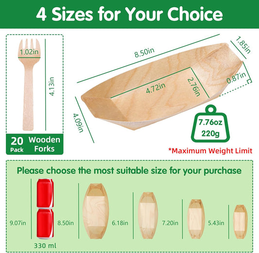 300-Pack Wooden Disposable Plates 8 IN Boat Plates Food Trays Disposable Dessert Plates Disposable Food Boats for Party Weddings Picnic (Actual Size Used: 4.72" D x 2.76" W x 0.87" H)