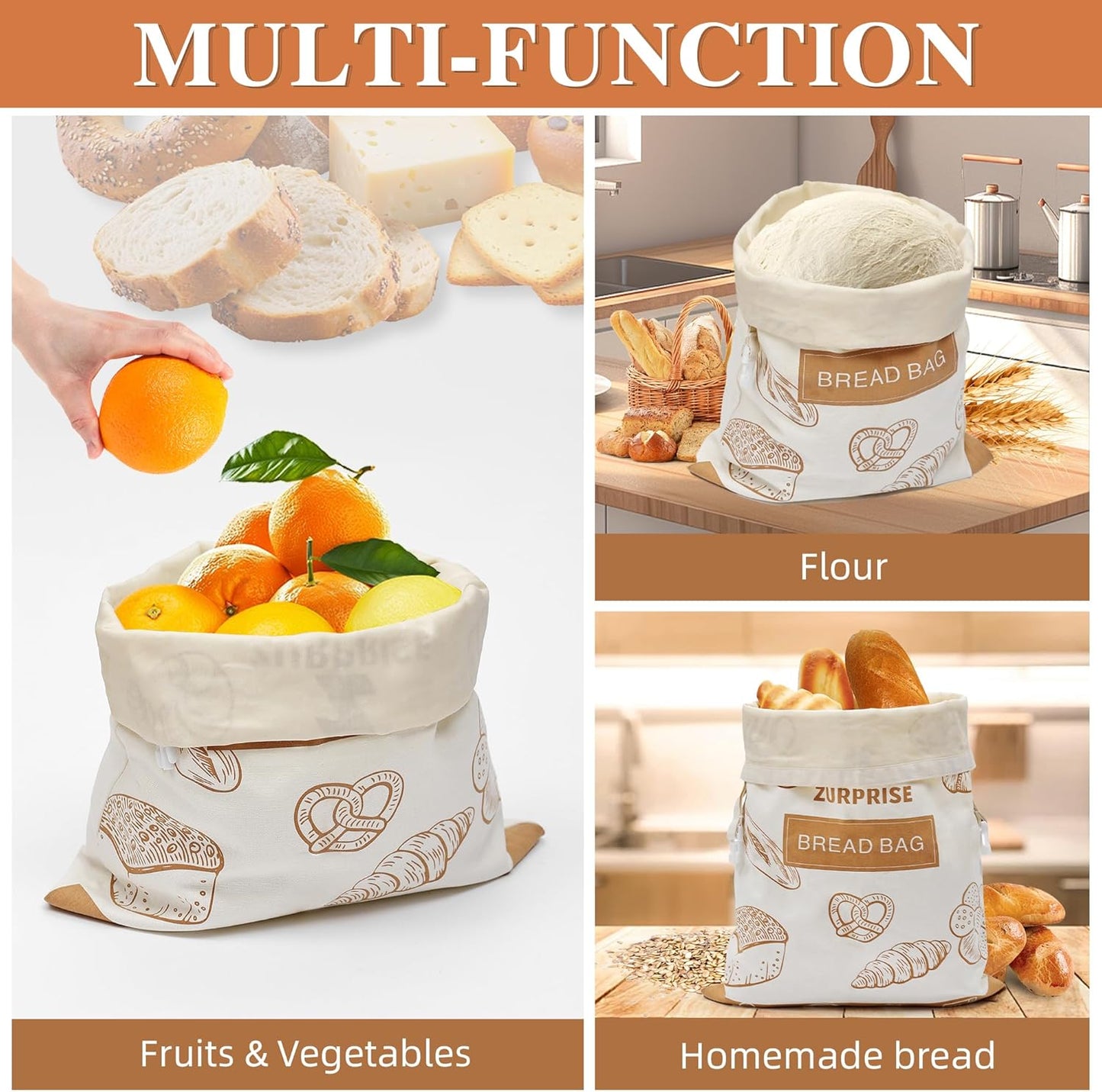 Beeswax Bread Bags for Sourdough Storage, 2 Pack Reusable Cotton Linen Bags, Easy to Clean, Zero-Waste Homemade