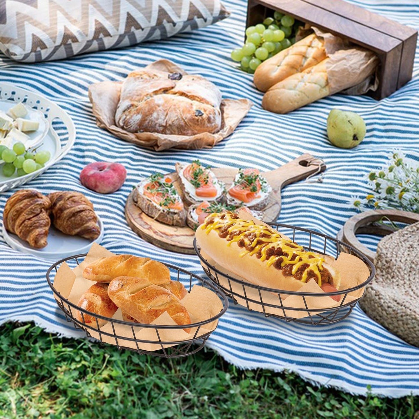 13 Pack Wire Bread Basket with 50 Sheets Deli Wrappers Paper, 9.65 x 6.1 x 2.17 Inch Metal Oval Bread Basket for Food & Fruit Serving – Durable Black Wire Baskets for Home & Kitchen