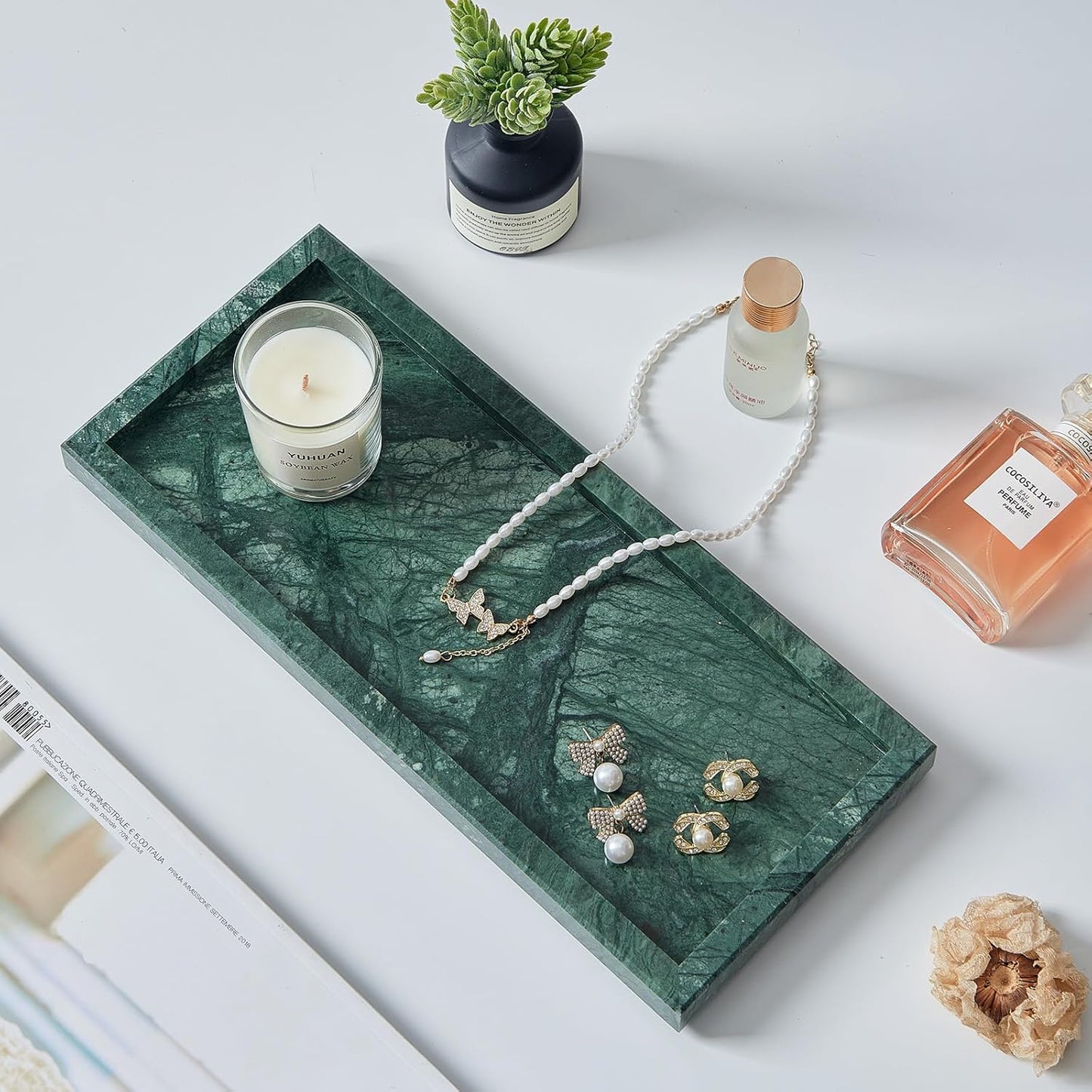 Luxury Natural Small Marble Tray for Bathroom Vanity and Kitchen Sink, Stone Countertop Organizer for Soap Dispenser, Jewelry, Perfume, Candle, Ring, Home Decor, Non-Resin Non-Ceramic