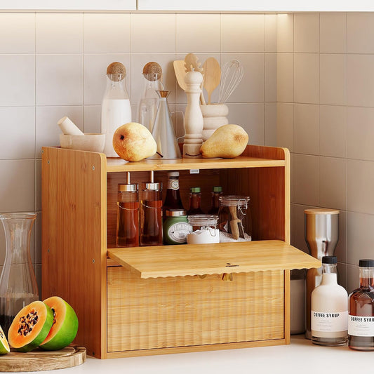 Rustic Bread Box for Kitchen Countertop Bamboo Bread Storage Container Bin Double Layer BreadBox Farmhouse Large Capacity Food Organizer (Natural Bamboo)