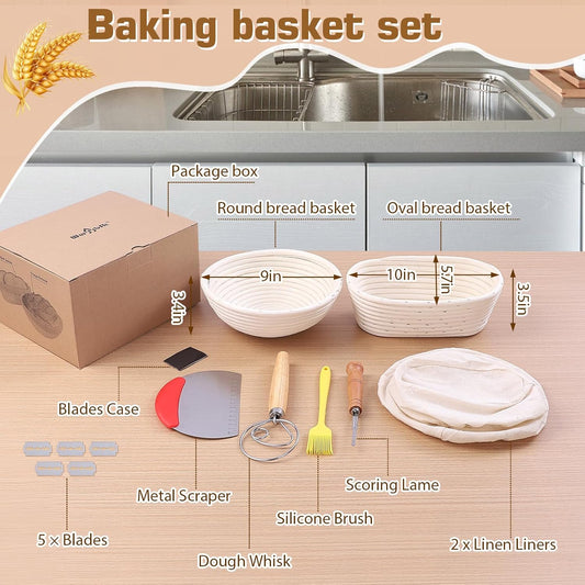 Banneton Bread Proofing Basket, Sourdough Bread Baking Supplies, Round Oval Rattan Rising Proofing Baskets Bowls Set of 2, Artisan Sourdough Bread Gifts for Home Bakers