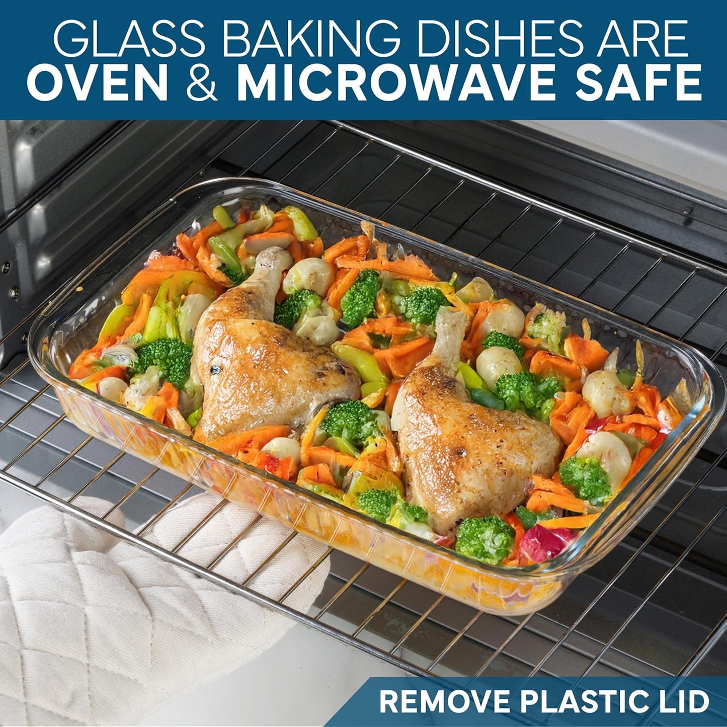 COOK WITH COLOR 8-Piece Deep Glass Baking Dish Set with Plastic Lids – Casserole and Food Storage Containers for Lasagna, Leftovers – Freezer-to-Oven, Microwave & Dishwasher Safe, Fluted Blue