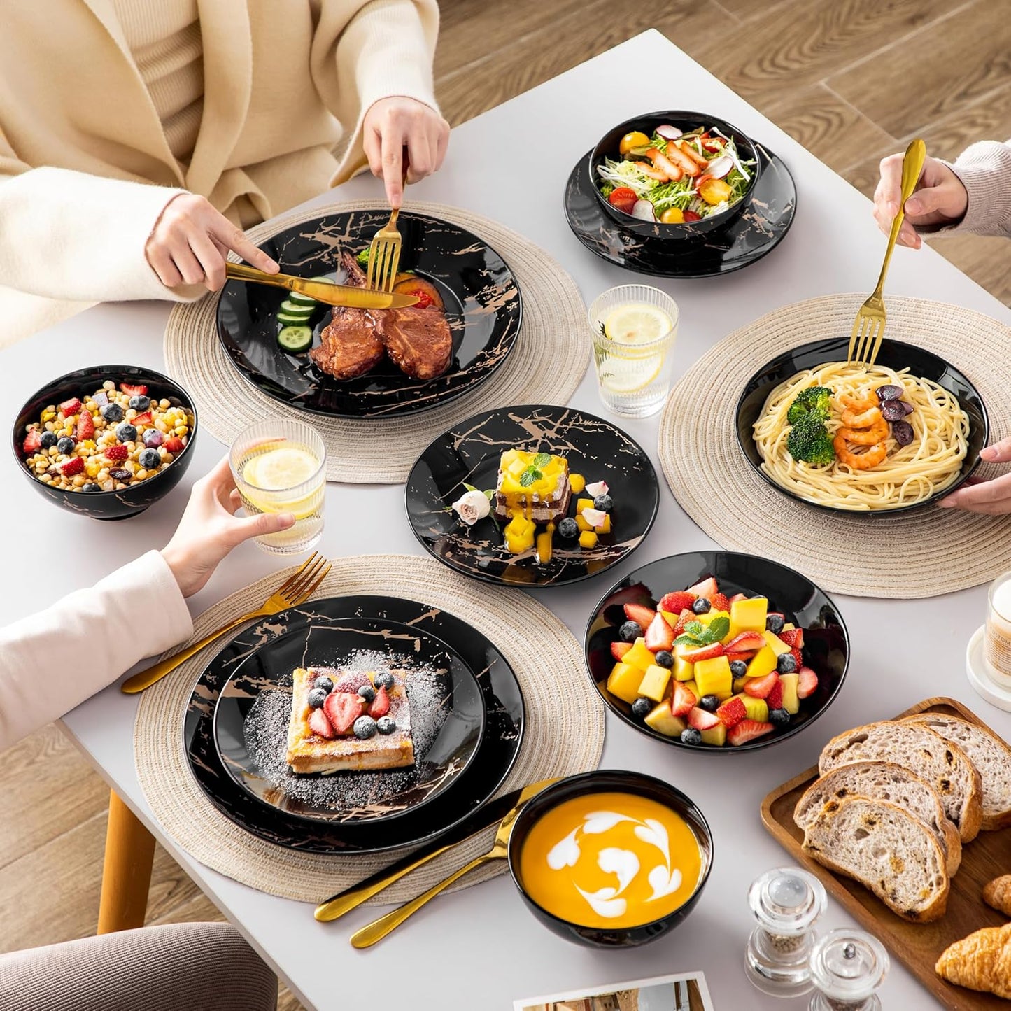 LOVECASA Plates and Bowls Sets for 6, 24 Pieces Porcelain Dinnerware Sets, Black and Gold Dish Set Gold Splash Dishware Sets, Dishwasher Microwave Safe