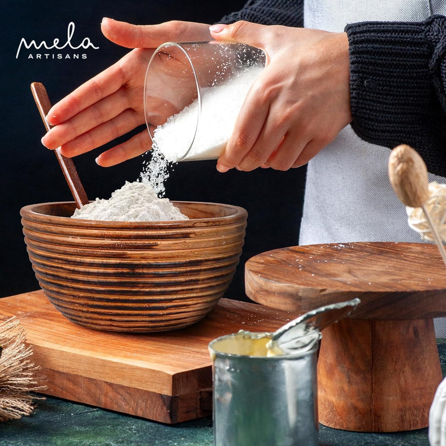 Mela Artisans Wooden Fruit Bowl | Dark Burnt Finish | 9” Decorative Mango Wood Serving Bowl | Multipurpose for Kitchen Countertop | Salad | Snacks | Fruit | Breads & More | Natural Grain Look