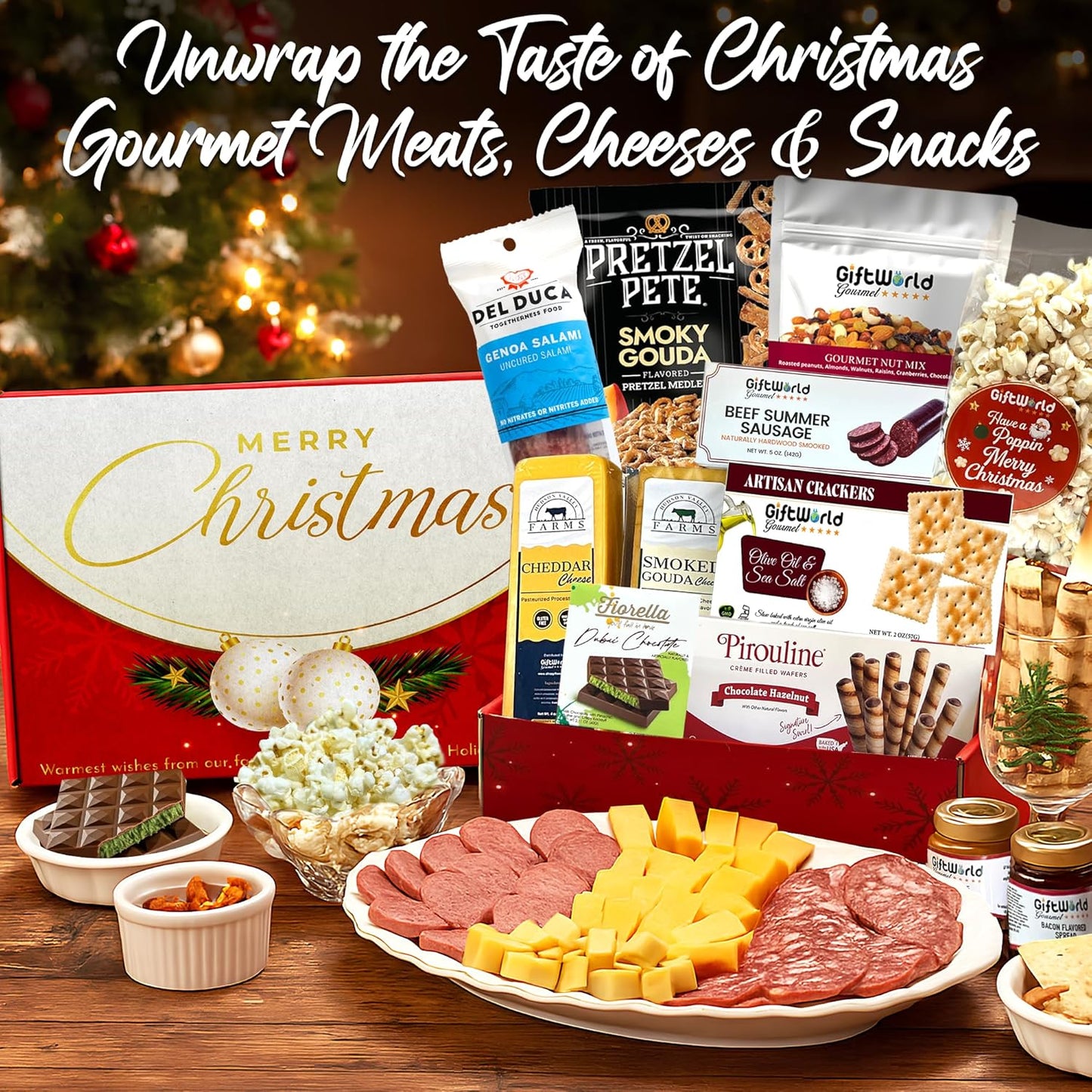 Christmas Gift Basket, Meat and Cheese Gift Baskets for Men and Women - Delicious Condiments with Dubai Chocolate, Charcuterie Food Gift Basket, Christmas Food Gifts in Christmas Gift Box (12-item Bundle)