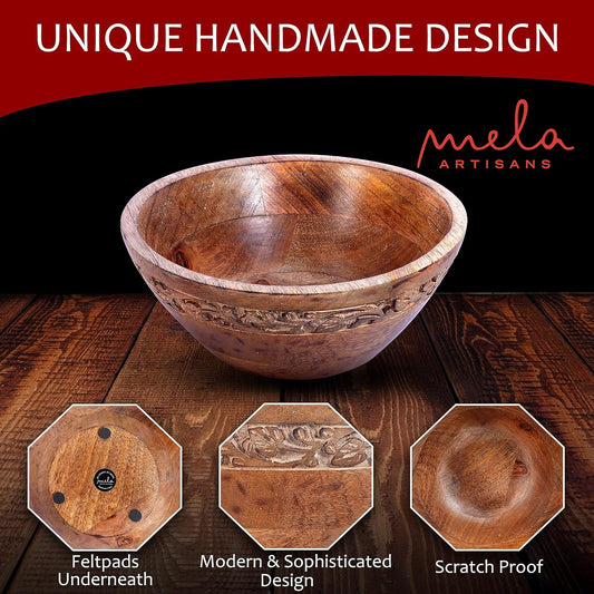 Mela Artisans Wooden Fruit Bowl | Medium Burnt Finish | 9” Mango Wood Serving Bowl with Felt Pads | Multipurpose for Kitchen Countertop |Salad | Snacks | Breads & More | Natural Grain Texture