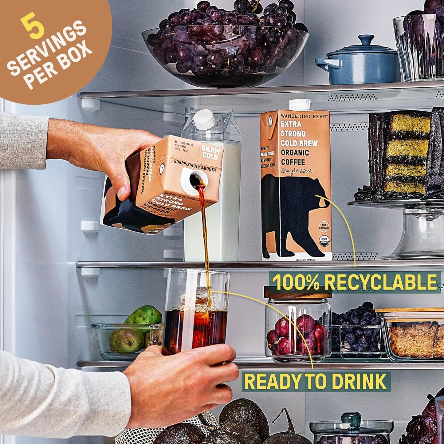 Wandering Bear Decaf Cold Brew Coffee - Bold, Smooth, No Sugar Added, Shelf-Stable, Ready to Drink, Gluten Free & Vegan Decaf Iced Cold Brewed Coffee Drink - 32 fl oz, 6 pack