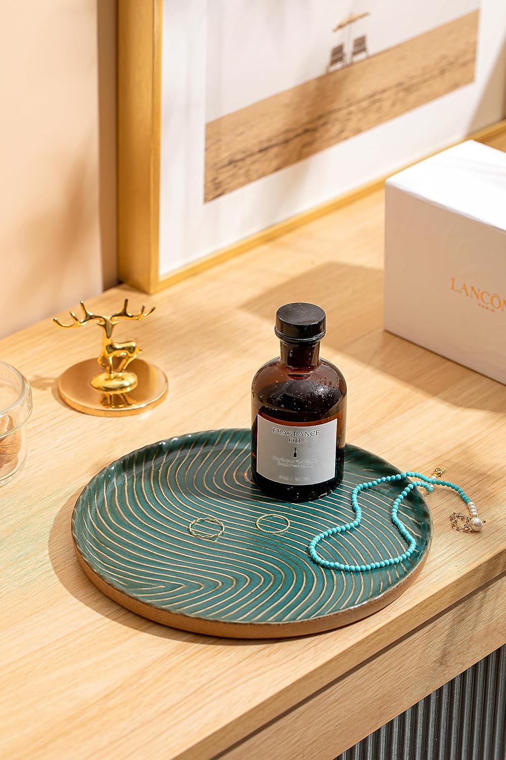 Vanity Tray with Brown Trim - Candle & Perfume Holder Organizer - Round, Green, 8"8" - Home Decor for Dresser, Table, Bathroom Countertop