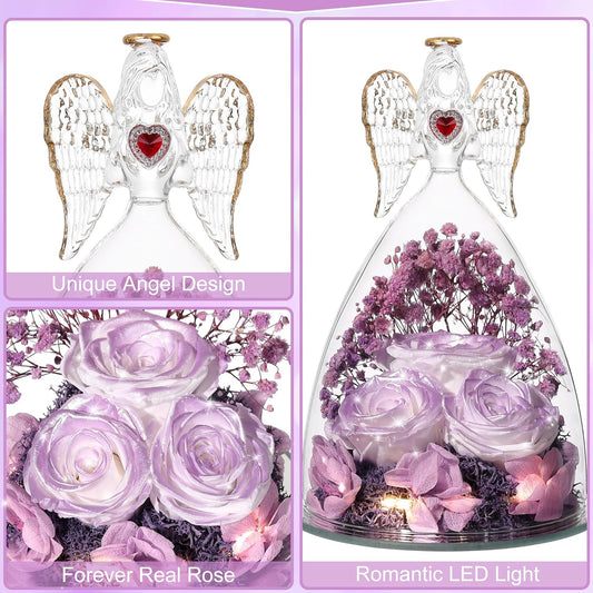 Mothers Day Rose Gifts for Women, Large Angel Figurines with Real Roses, Preserved Real Flower Rose for Her, Gardient Purple