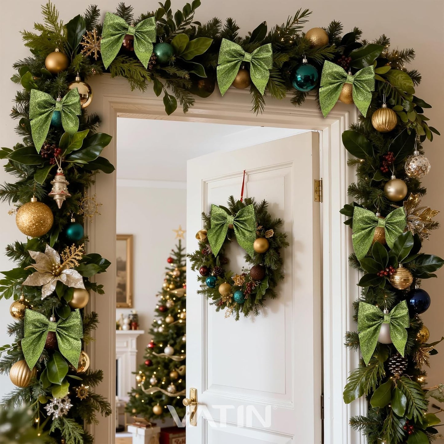 VATIN Extra Wide Lime Green Glitter Ribbon - 1.5" x 25 Yds for Christmas Trees, Party Backdrops, Table Runners, Outdoor Decor