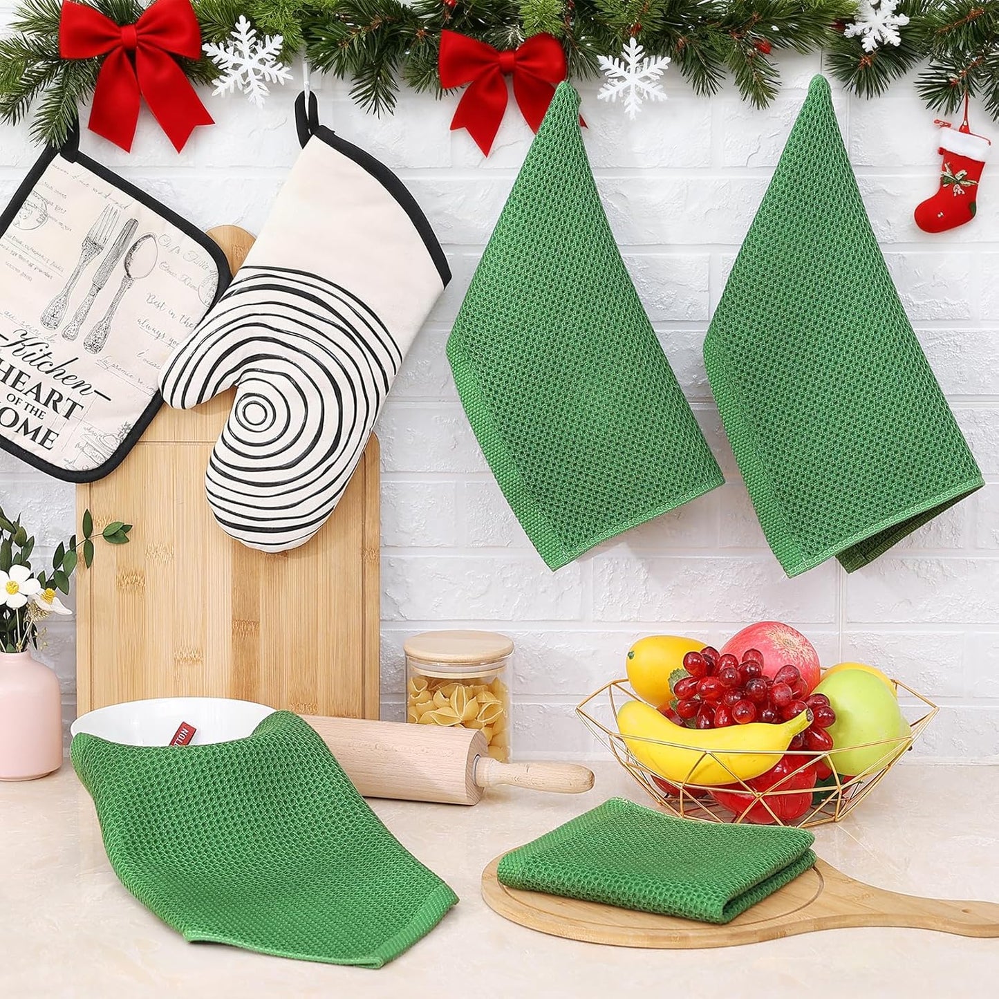 Homaxy 100% Cotton Waffle Weave Kitchen Dish Cloths, Ultra Soft Absorbent Quick Drying Dish Towels, 12 x 12 Inches, 12-Pack, Grass Green